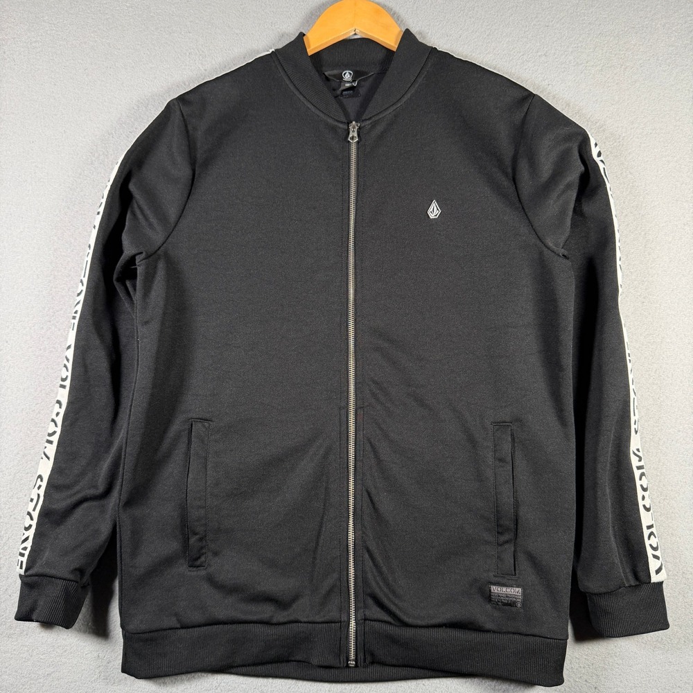 Volcom Stone Mens Black Full Zip Bomber Track Jacket Logo Sleeve Tape Medium
